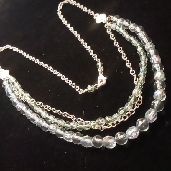 Opalescent blue & green layered glass beaded silver chain necklace 20 inch Long - Picture 3 of 7